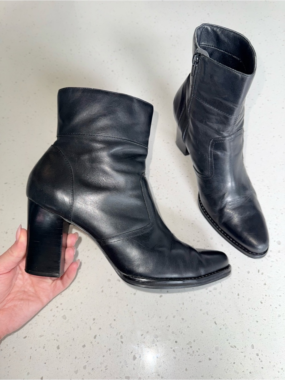 Vintage Black Leather Ankle Block Heel Boots - Picture 7 of 12